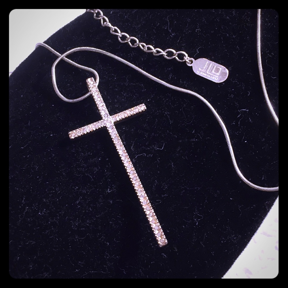 JLo Silvertone Rhinestone Cross PendantNecklace